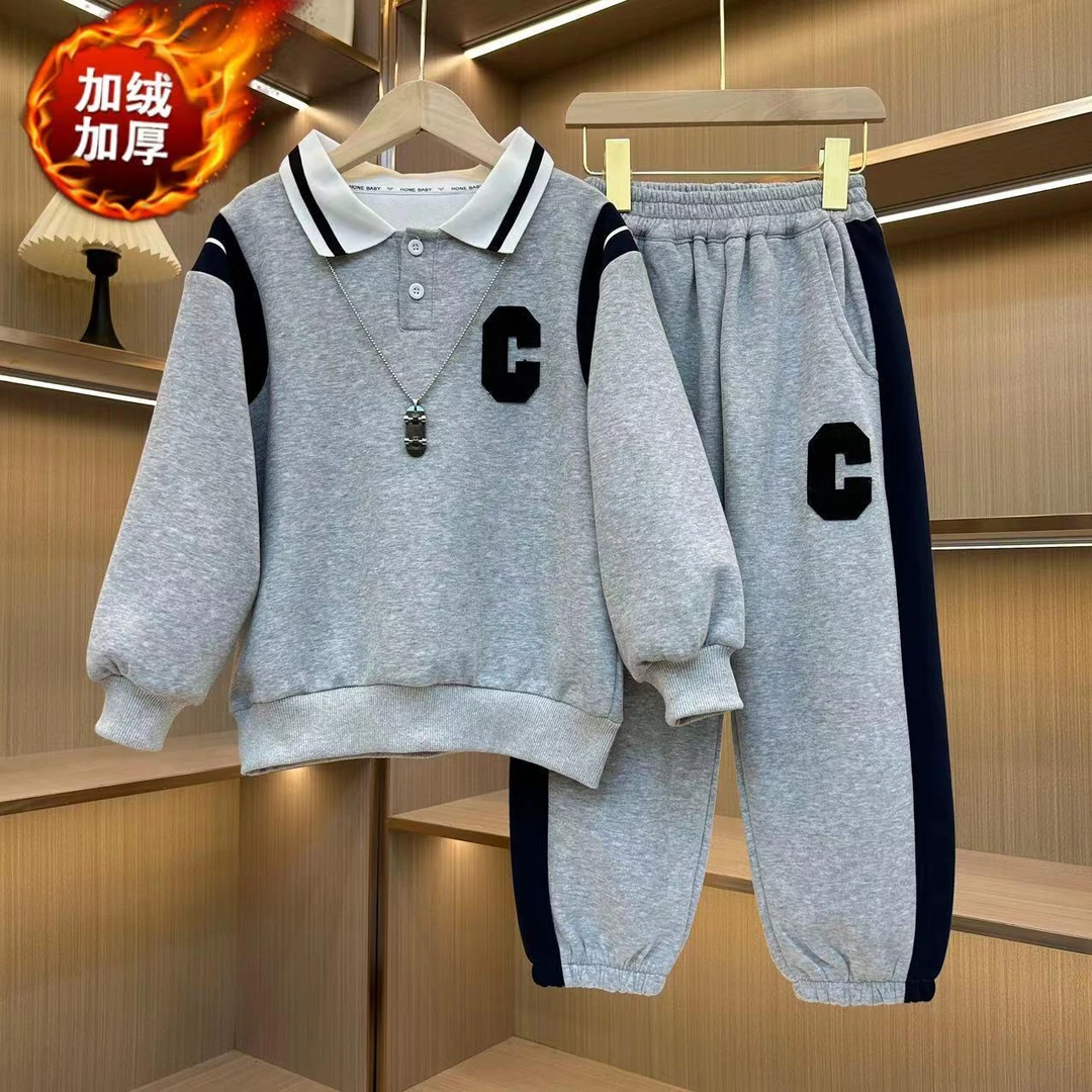 现货开春穿男女童薄绒套装长袖儿童装运动中大童一体绒两件套