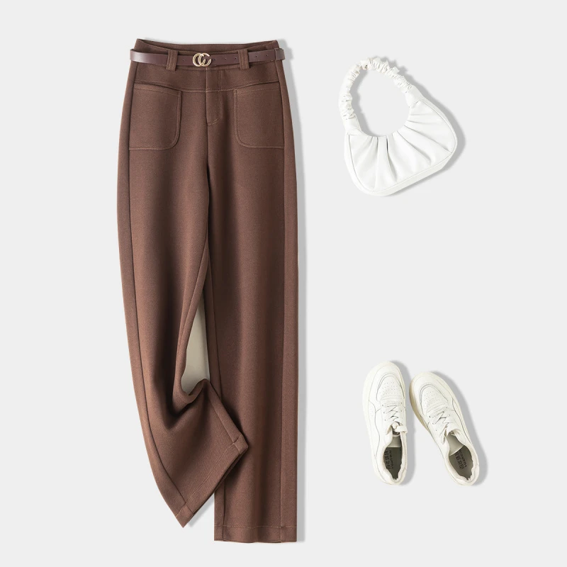 2024秋冬加厚毛呢阔腿直筒裤高腰百搭时尚休闲香蕉长裤