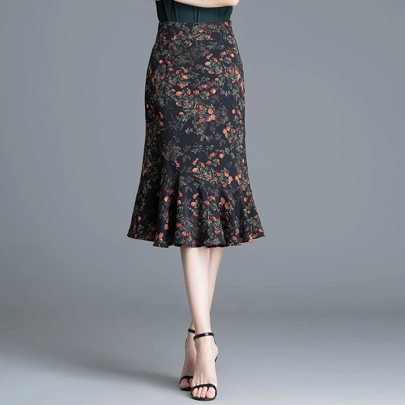 碎花鱼尾包臀裙女夏季高腰a字半裙显瘦荷叶边雪纺气质裙子半身裙