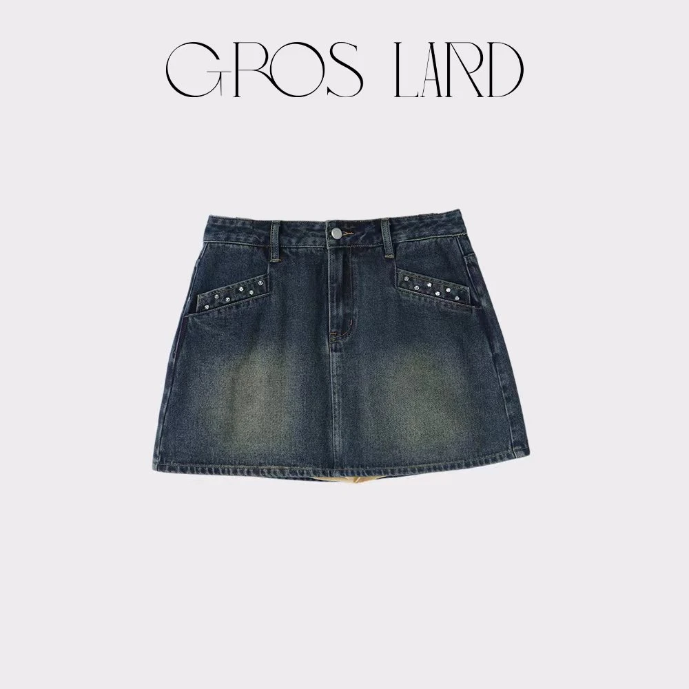 GROS LARD多肉宝贝口袋设计烫钻牛仔半裙高腰显瘦遮肉半裙DY0409