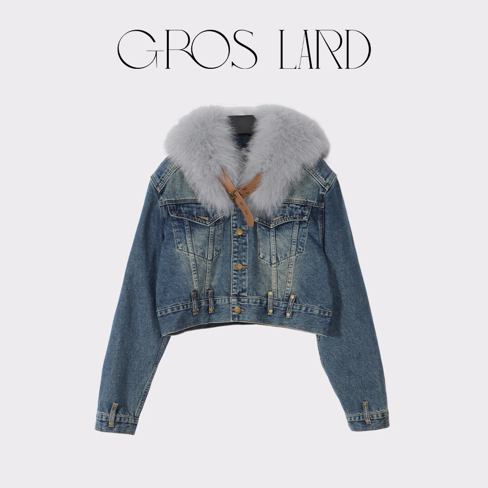 多肉宝贝 狐狸毛牛仔外套女微胖mm穿搭百搭短款外套DK785