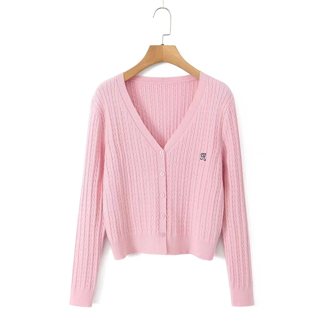 多肉宝贝V领显瘦毛针织衫微胖mm穿百搭刺绣单排扣上衣开衫AL8780