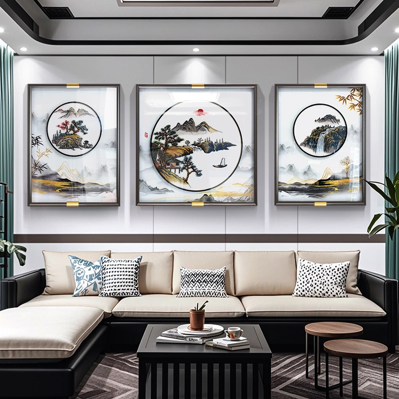 苏绣沙发背景墙装饰画新中式家居美学高端刺绣壁画客厅山水挂画