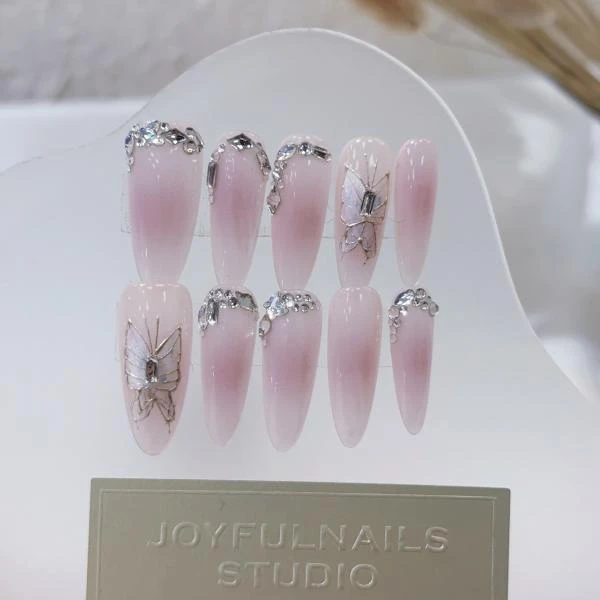 小众高质量中长款指甲贴甲片美甲钻石夏天黑色蝴蝶纯手工穿戴甲