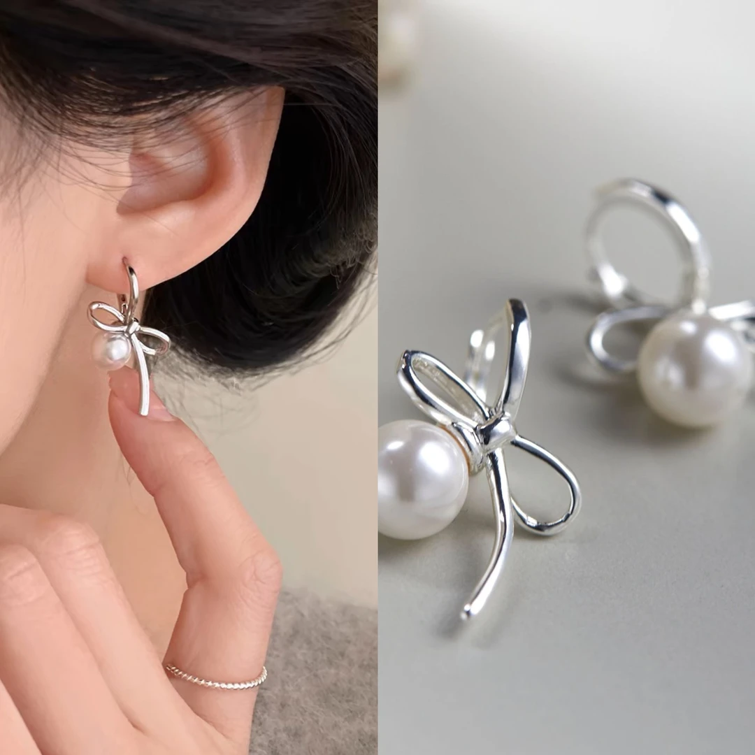 铜合金耳饰 「芭蕾少女」无耳洞耳夹蝴蝶结真珠耳扣蚊香盘耳钉耳饰