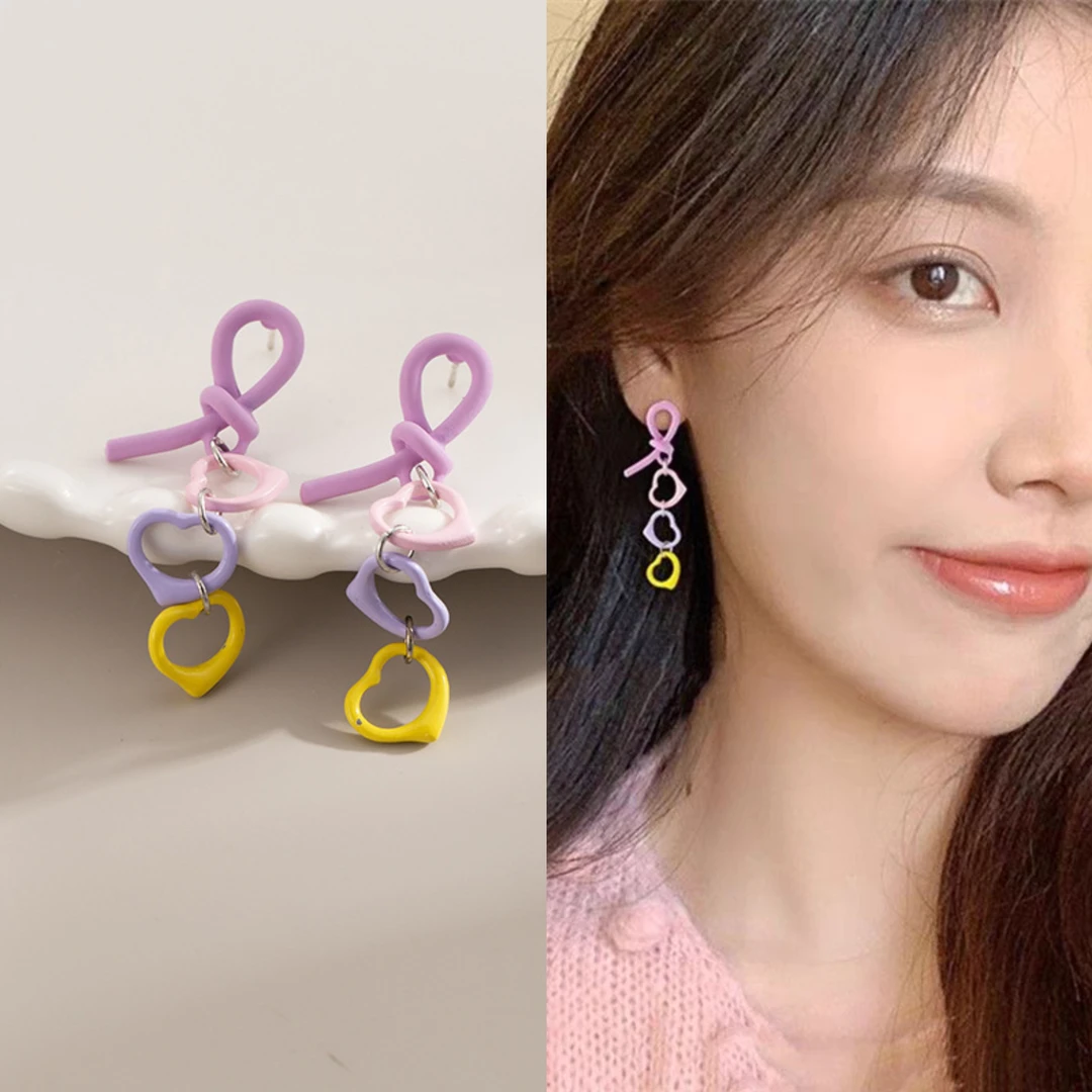 无耳洞「心岛彩虹」多巴胺串串爱心长款耳环甜美打结蚊香盘耳夹