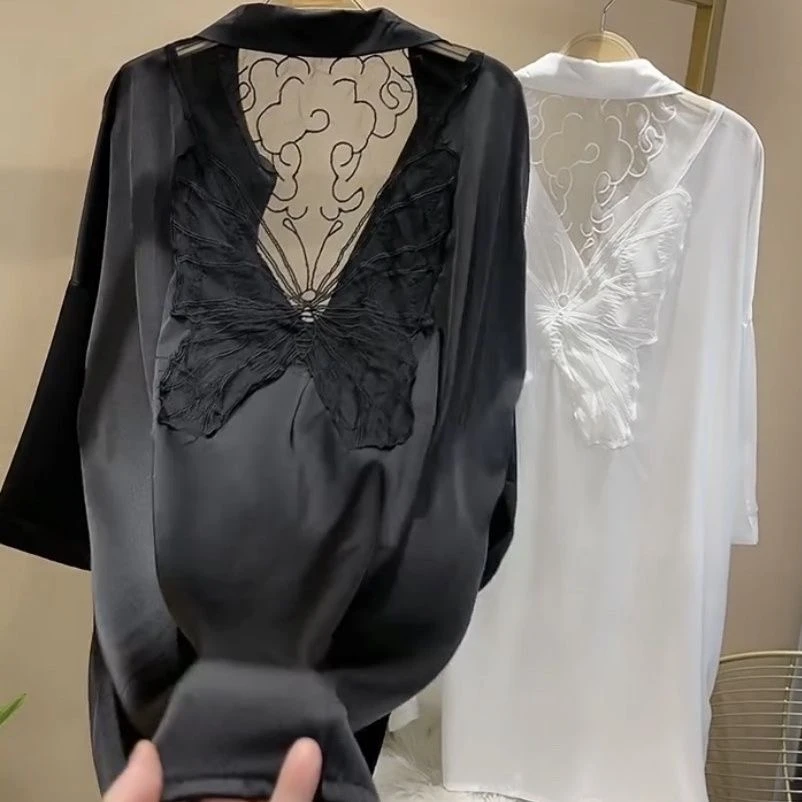 睡衣女春夏秋季冰丝薄款衬衣性感宽松高级感丝滑男友风衬衫睡裙