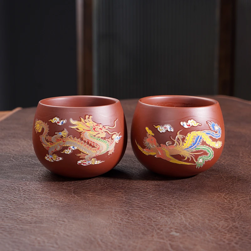 朱泥变色龙凤罗汉杯一对