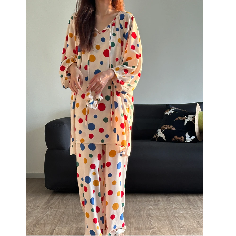 少女甜美风彩色波点印花睡衣女春秋款新款慵懒风可外穿家居服套装