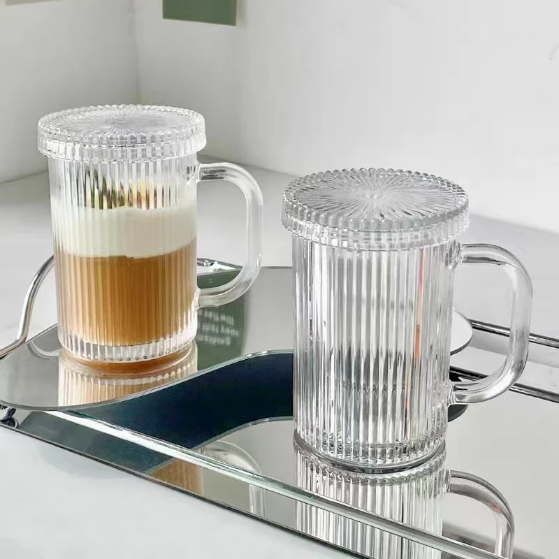高颜值竖纹玻璃杯家用大容量带把手马克杯简约水晶牛奶杯冷饮杯