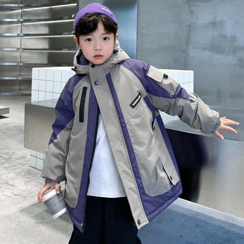 男童加绒加厚外套冬装2023新款中大儿童洋气冬季派克服连帽中大童