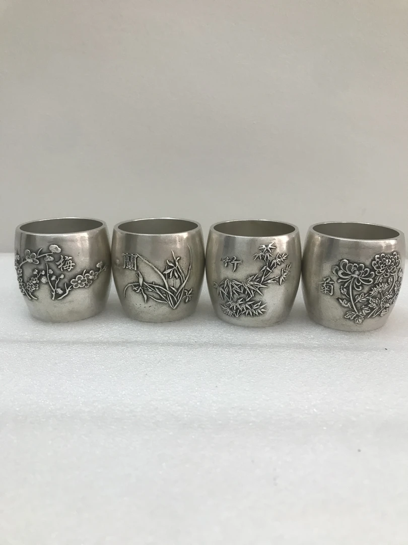 精品铜鎏银梅兰竹菊四君子银杯一套