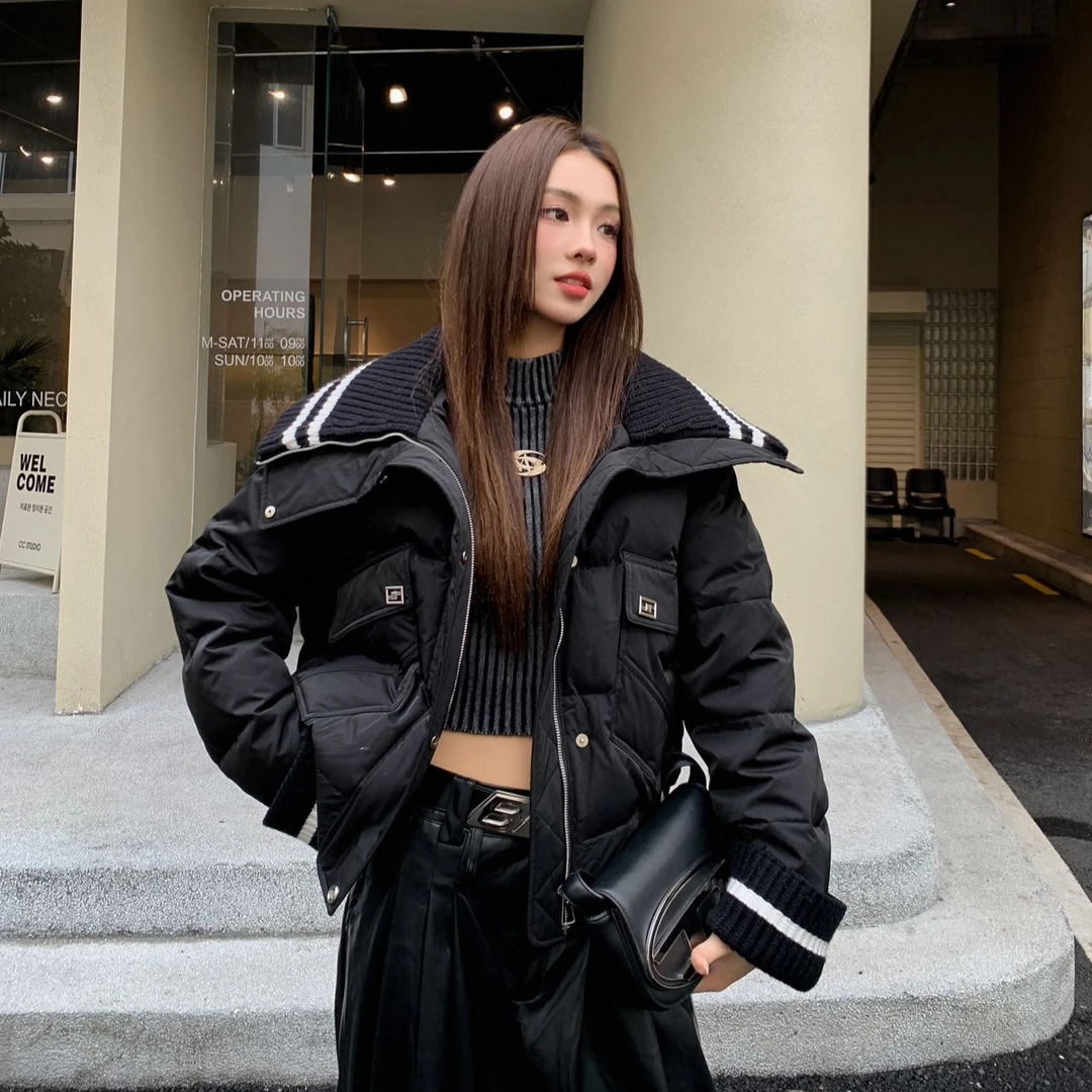 针织大翻领双门禁拉链时尚休闲厚款白鸭绒羽绒服5231