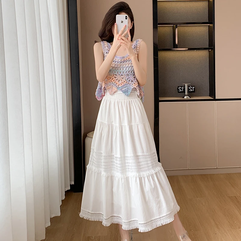 2025套装女夏季新款小众设计扎染设计毛织外衫吊带半身裙三件套潮