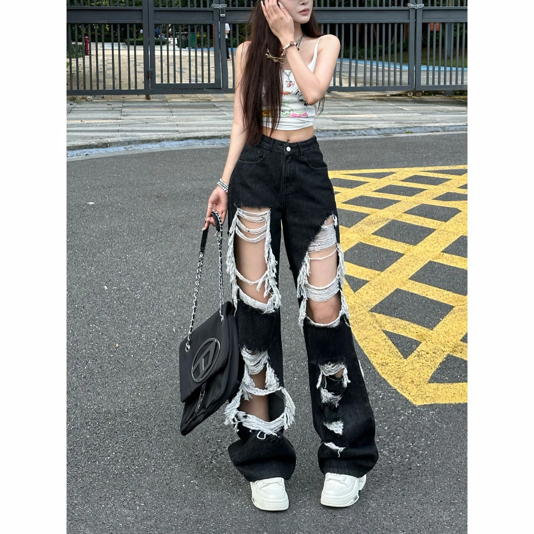 黑色高街潮流水洗破洞阔腿牛仔裤女2025秋季新款高腰宽松拖地裤