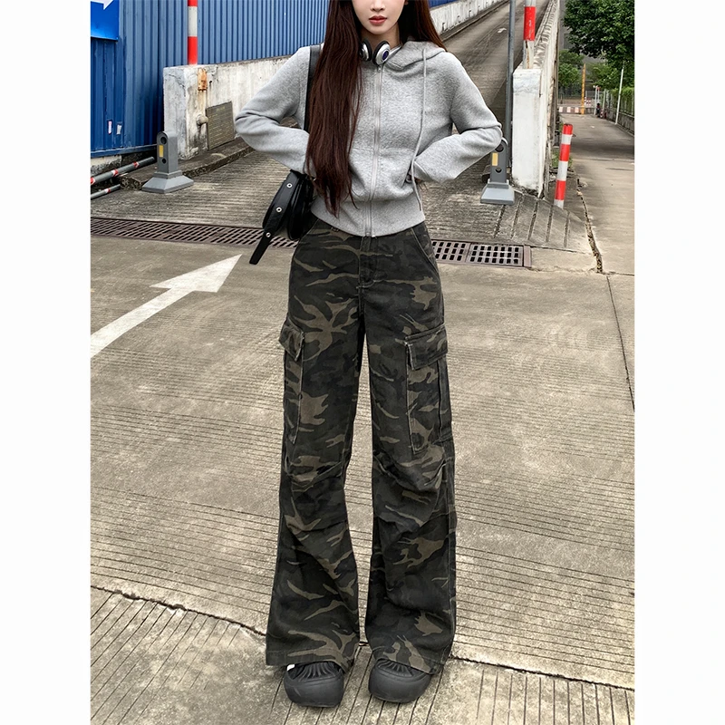 迷彩高街工装阔腿牛仔裤女2025年夏季新款美式百搭高腰显瘦拖地裤