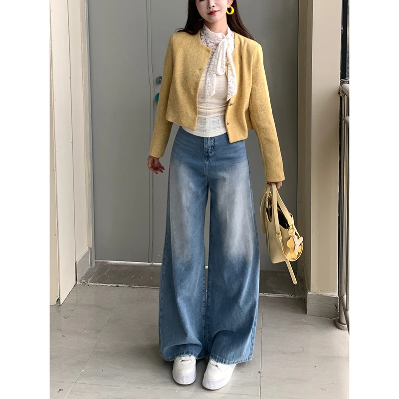 浅色高腰阔腿牛仔裤女2025冬季新款设计感磨白宽松显瘦拖地裤子