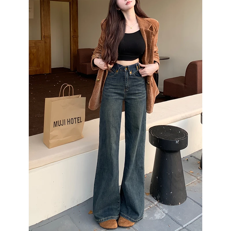 新款翻边字母不贴腿微喇牛仔裤女2025年秋季新款高腰显高显瘦长裤