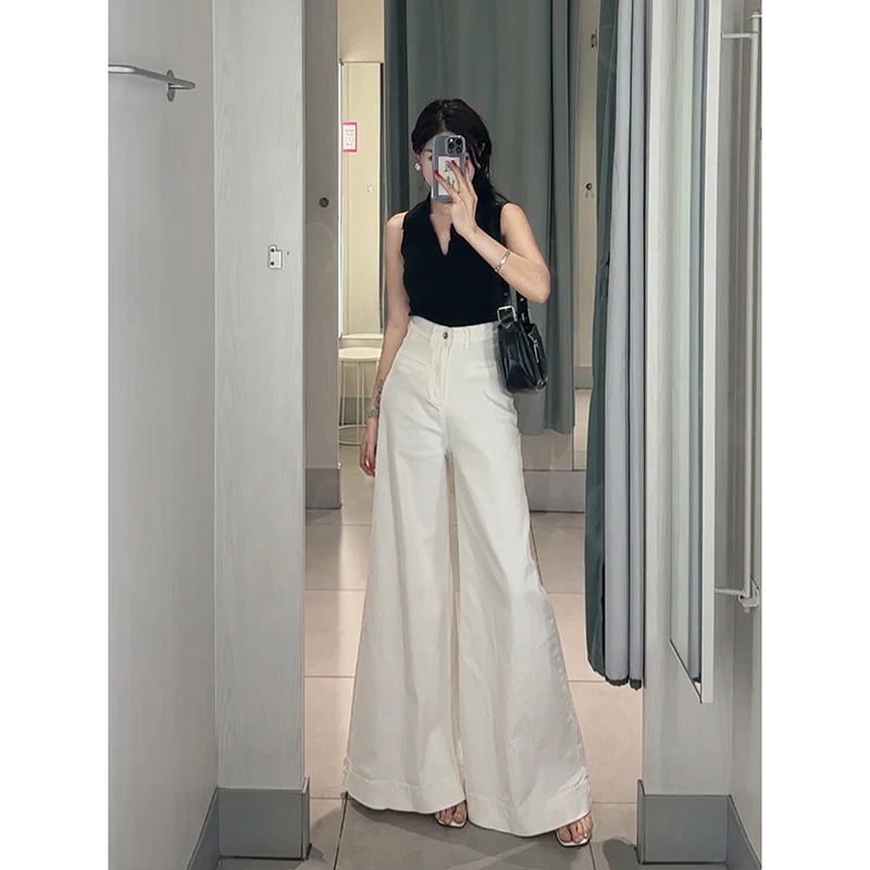 白色高腰超阔腿牛仔裤女2025年夏季新款显高显瘦时尚百搭拖地长裤