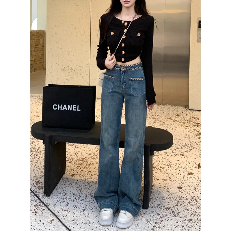 小香链条直筒牛仔裤女2025年夏季新款高腰显瘦弹力百搭拖地长裤