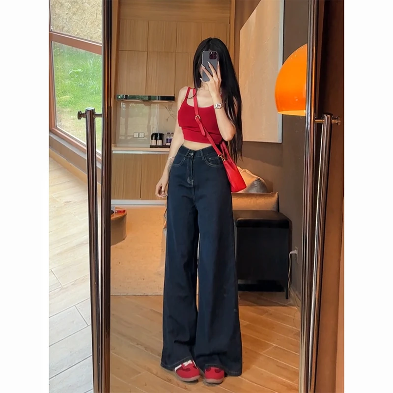 原牛丹宁蓝阔腿牛仔裤女2025年夏季新款慵懒宽松显瘦垂感拖地长裤
