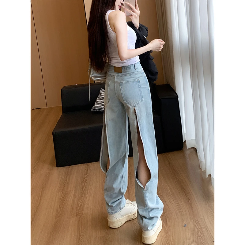 小众设计感后拉链直筒牛仔裤女2025夏季新款高腰百搭显瘦直筒长裤