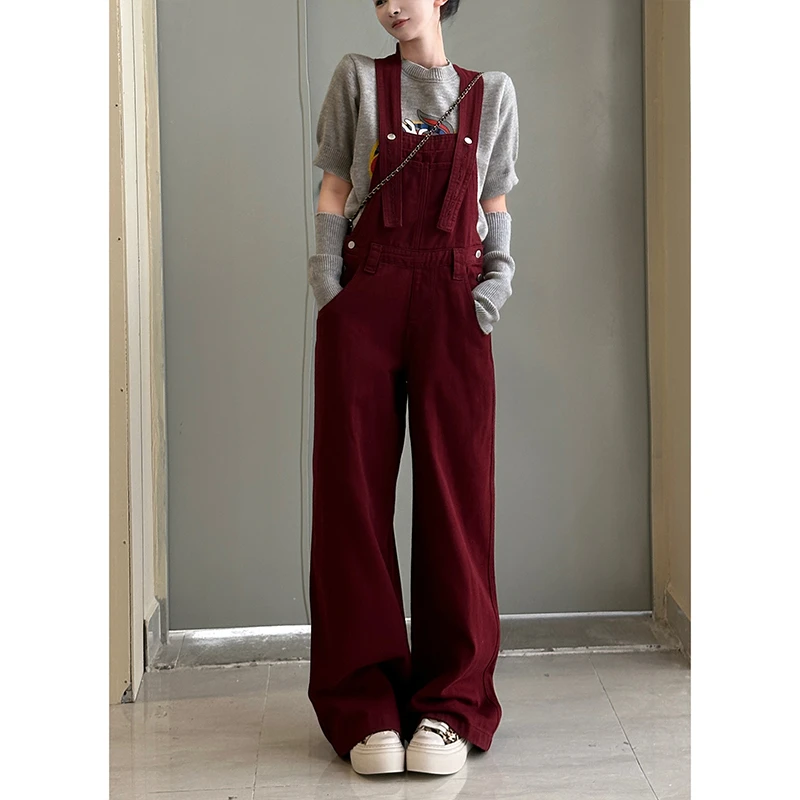 安可拉红牛仔背带裤女2025秋季新款高腰遮肉显瘦百搭减龄拖地长裤