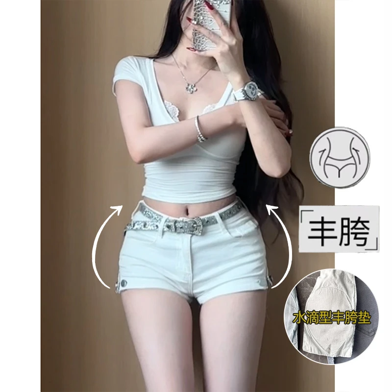 白色侧边拉链紧身丰胯牛仔短裤女2025年夏季新款百搭弹力显瘦热裤