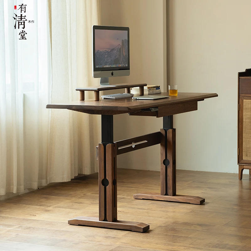 有清堂新中式北美黑胡桃升降桌子电脑桌