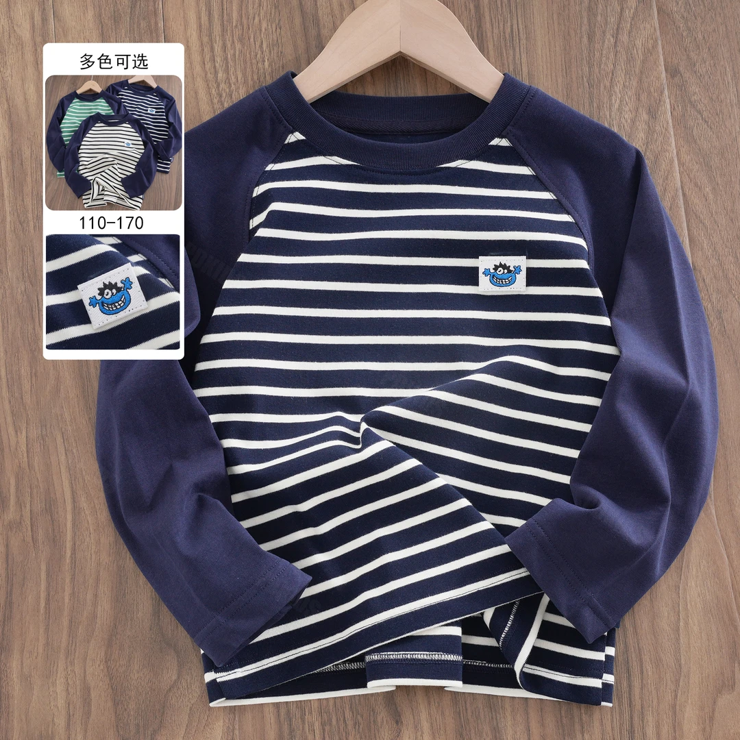 24QS18童装小怪兽插肩条纹T中大童百搭上衣潮童打底衫宽松时尚