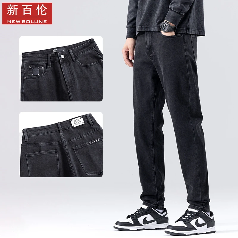 新百伦男牛仔裤子修身小直筒男士百搭黑色大码潮流牛仔裤韩版休闲