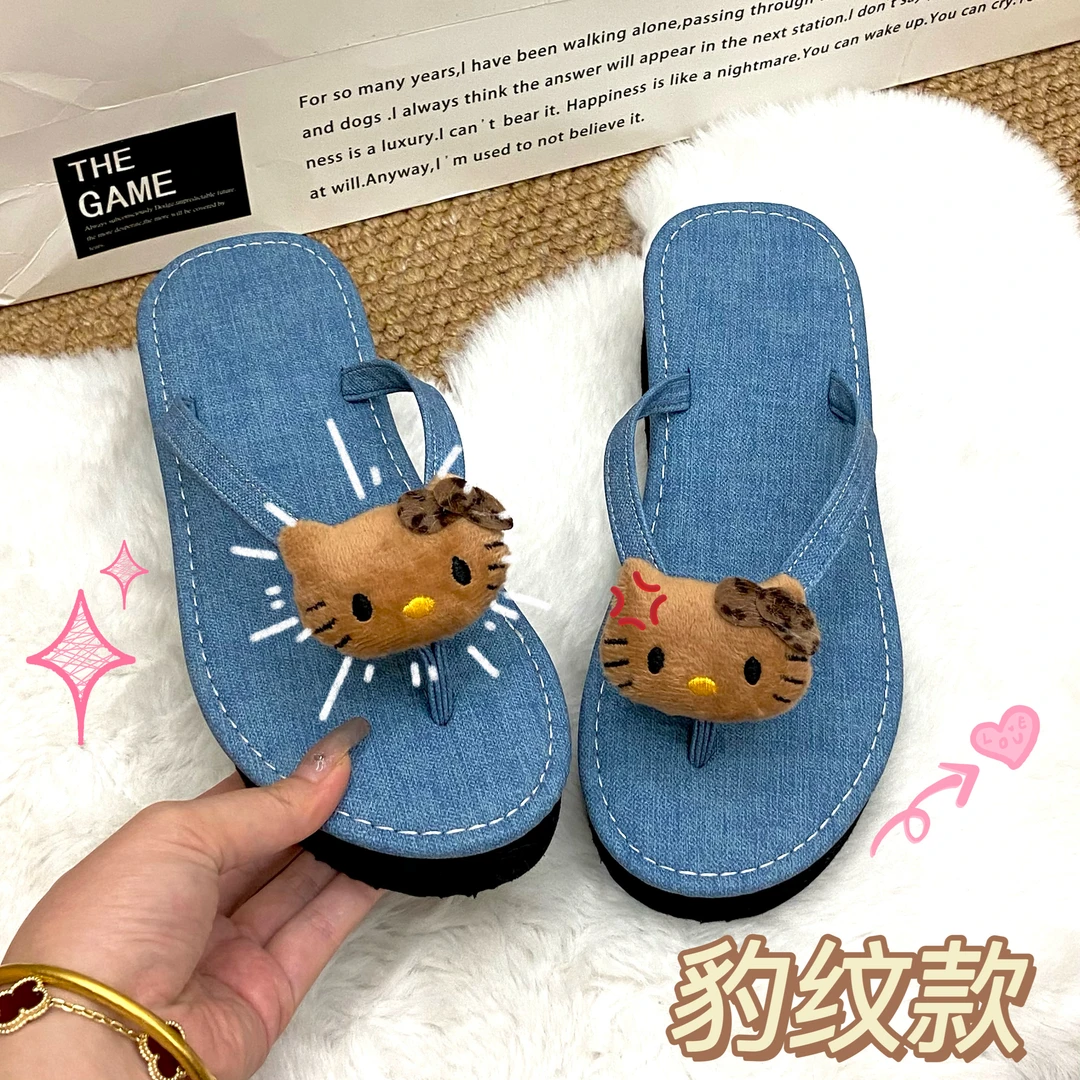 新款夏季牛仔Kitty人字拖女外穿增高坡跟厚底防滑沙滩度假凉拖鞋