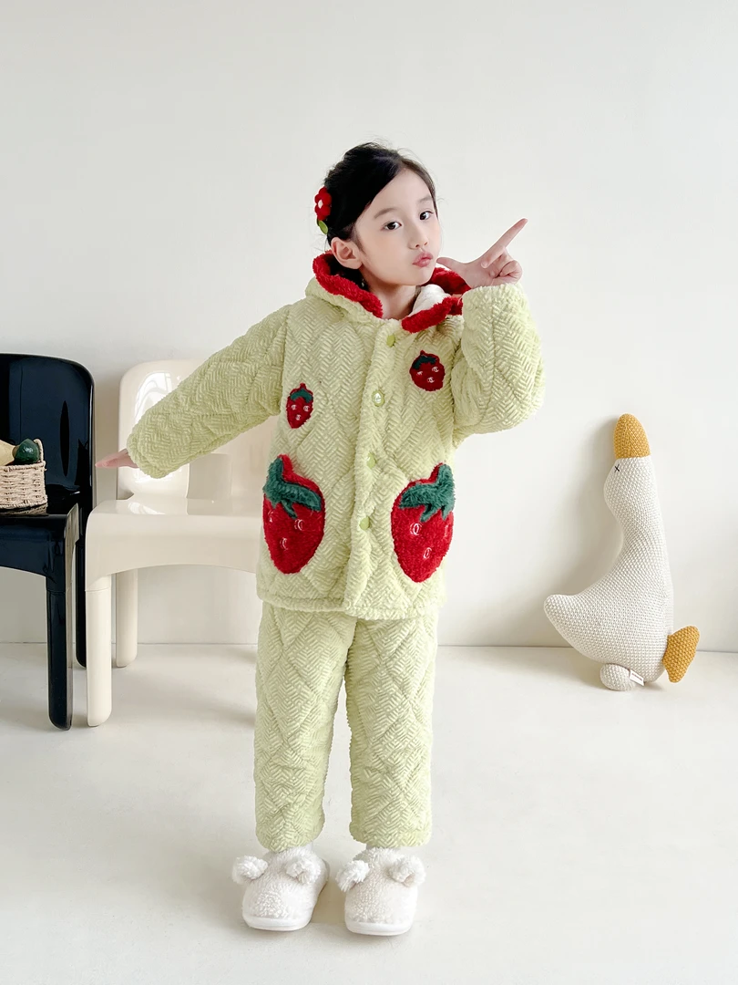 冬季三层加厚睡衣女童保暖宝宝套装夹棉家居服女孩大童小童套装