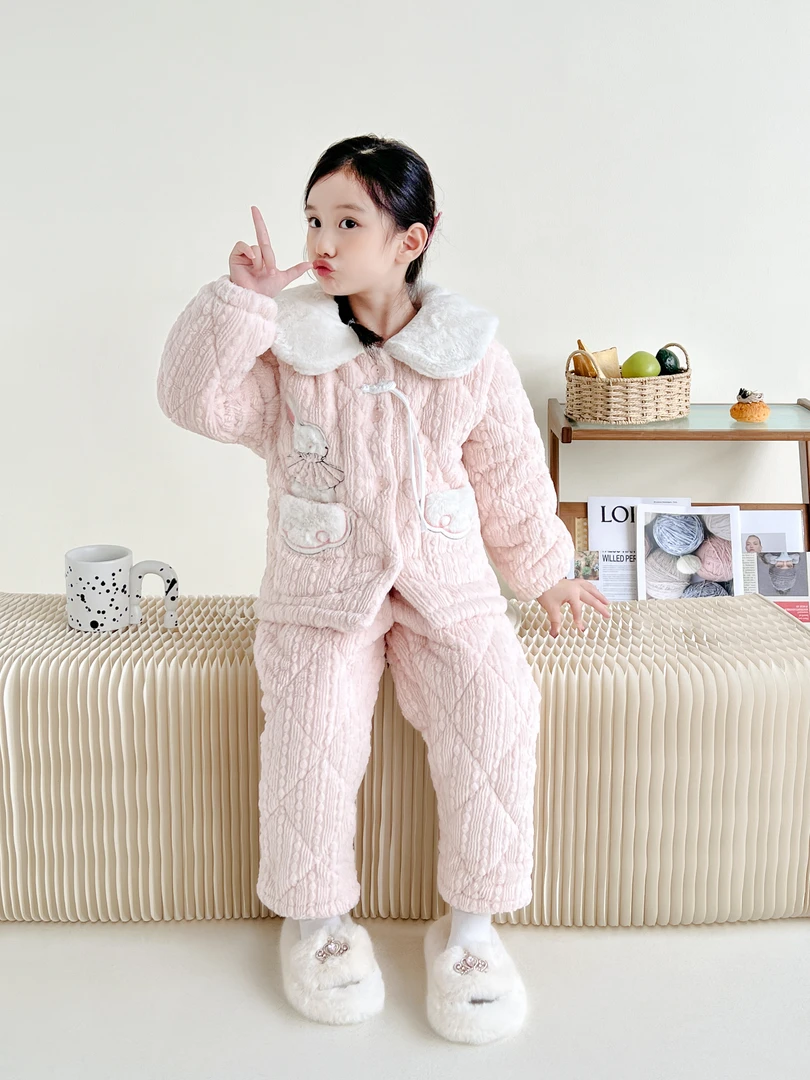冬季宝宝女孩三层夹棉法兰绒儿童睡衣女童加厚套装家居服公主保暖
