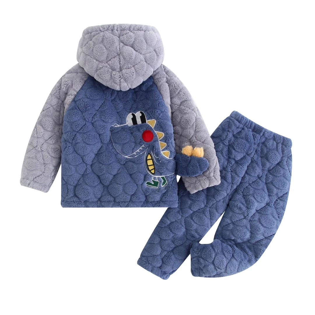 儿童加厚夹棉加绒男带帽恐龙睡衣三层加厚夹棉小孩冬季睡衣家居服