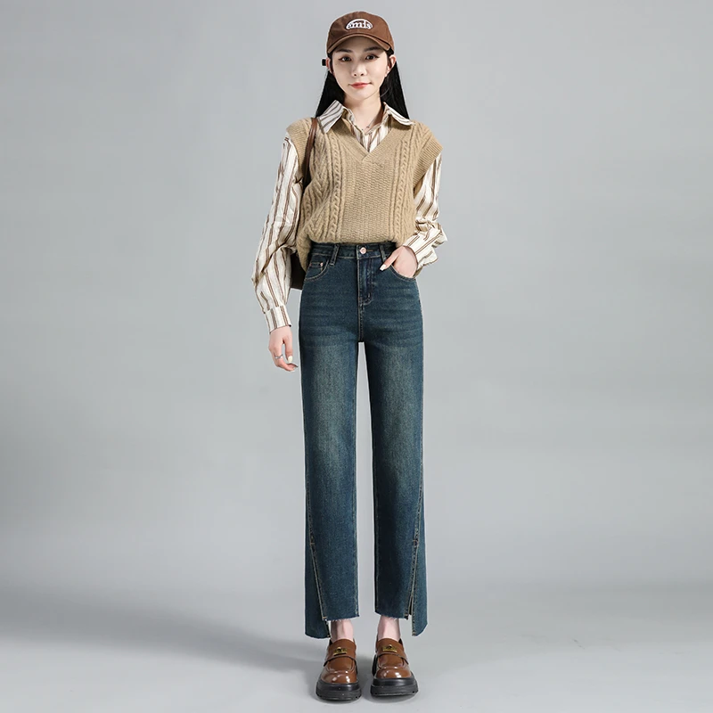 【清仓2311】秋款高腰直筒牛仔裤女九分弹力开叉设计撕边不规则裤脚