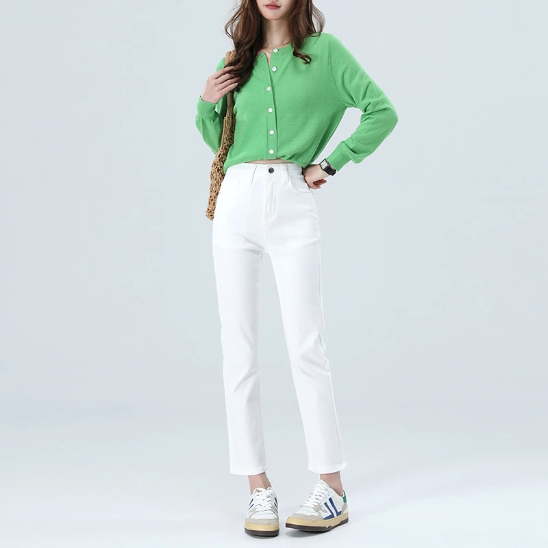 烟管牛仔裤女弹力高腰显瘦白色八分九分长裤修身时尚百搭2024新款