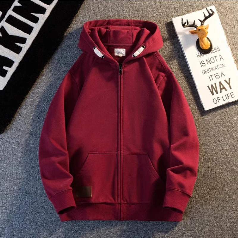 仓石一树潮牌本命年酒红色开衫卫衣男秋冬款宽松休闲加绒连帽外套