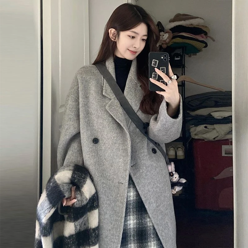 百搭气质感灰色毛呢外套女秋冬韩系加厚呢子大衣韩版小个子风衣