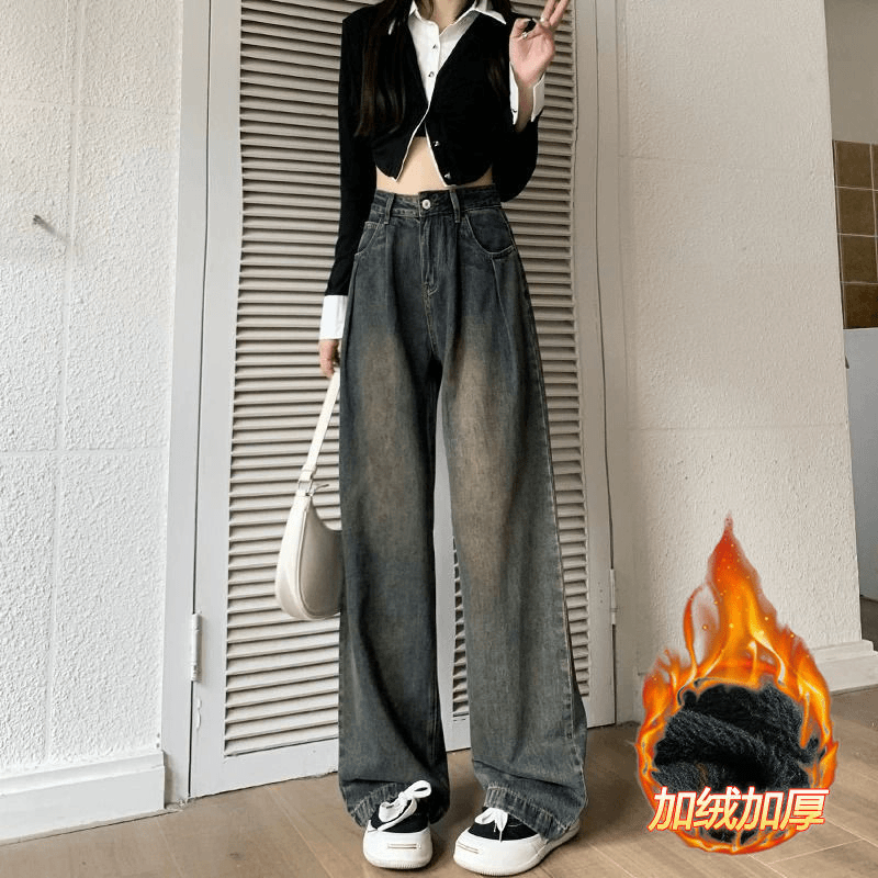 百搭加绒水泥灰复古褶皱阔腿牛仔裤女高腰宽松显瘦小个子直筒长裤