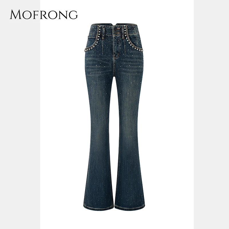 【年末清仓】镶钻牛仔裤女长裤弹力高腰修身显瘦欧货重工喇叭裤