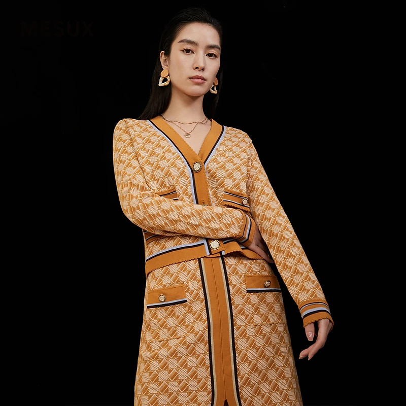 MESUX米岫复古格纹提花针织开衫外套MKSUE501