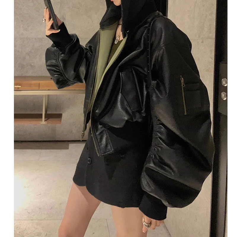 【双面穿】2024秋冬小众设计网红廓形纸片人夹棉连帽皮衣外套