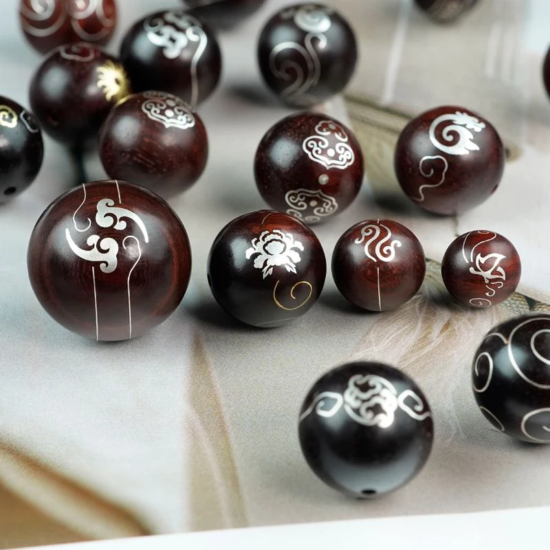 小叶紫檀木镶银龙凤祥云散珠镶嵌回纹爱心蝶恋至尊宝手串饰品配件