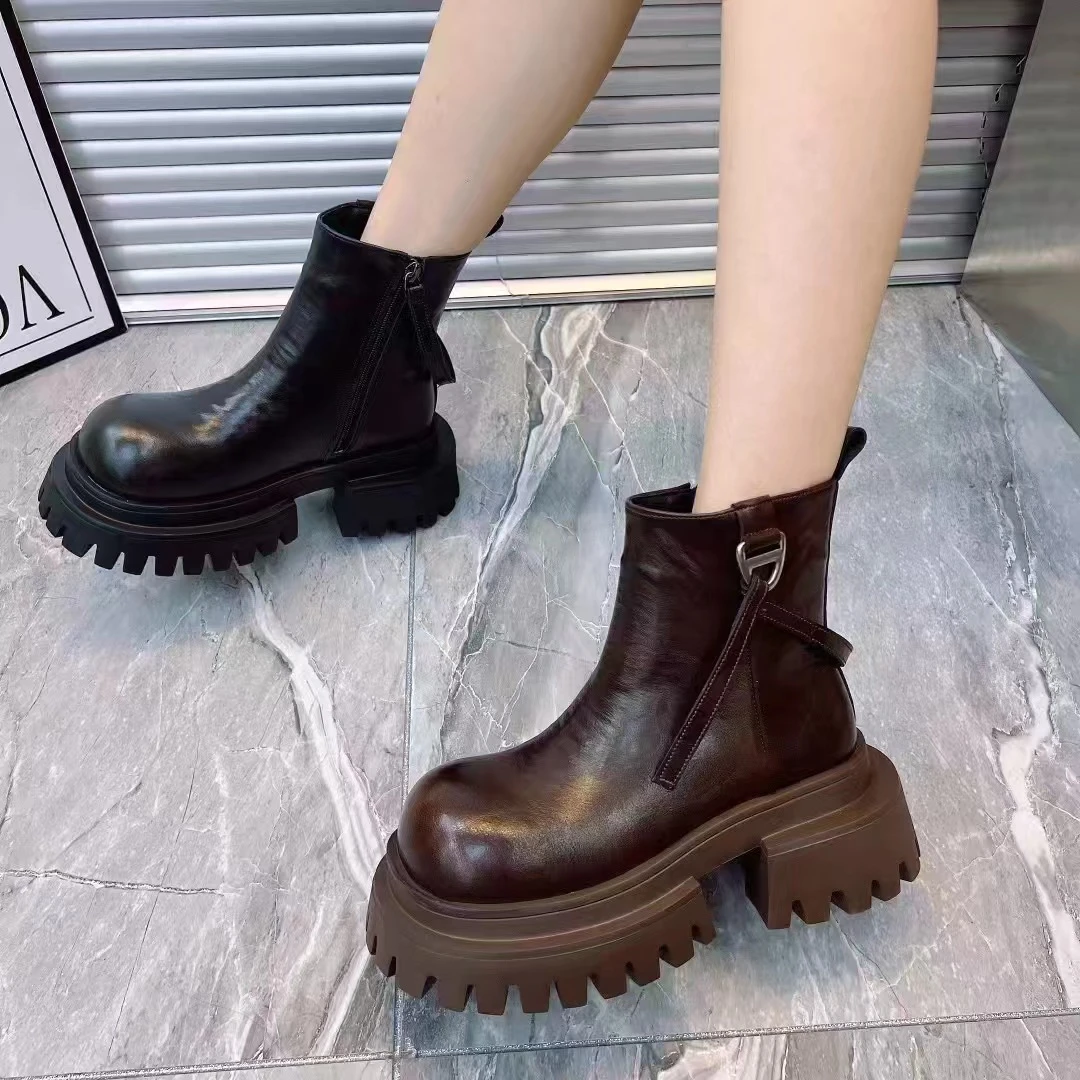 秋冬新款加绒侧拉链一脚蹬女靴厚底百搭英伦风圆头休闲短靴2239-7