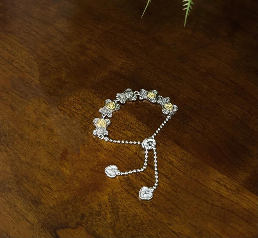 925银手链 唐草拼色小熊双面带双抽拉手链 G51692