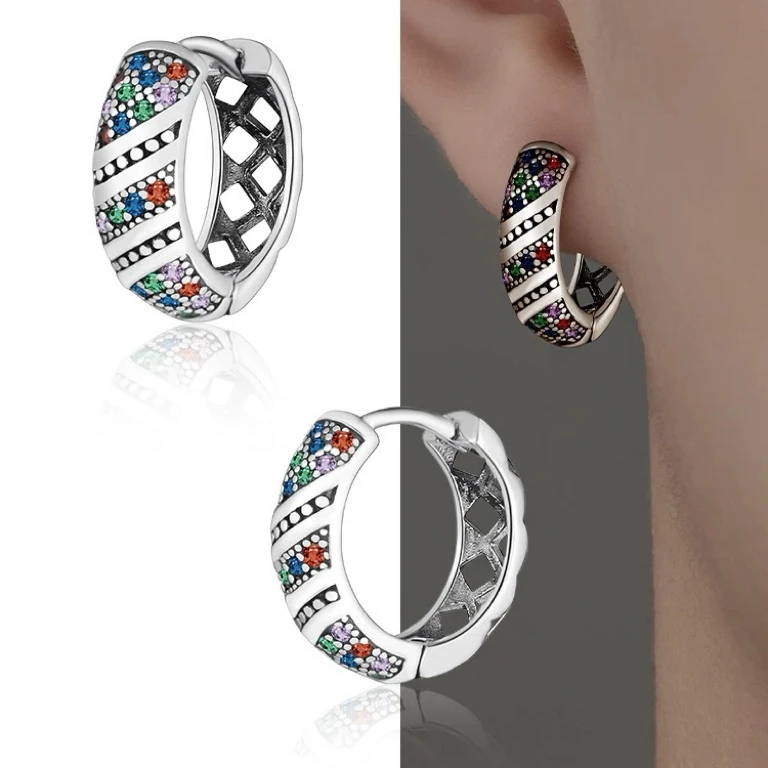 925银耳饰 斜纹豆粒彩虹锆耳扣 D3345 轻奢气质百搭