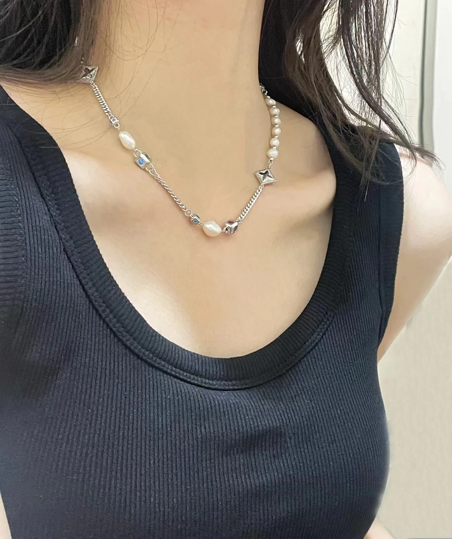 坠链均925银 四叶星芒方糖珠珠抽拉项链 X41990 气质轻奢百搭
