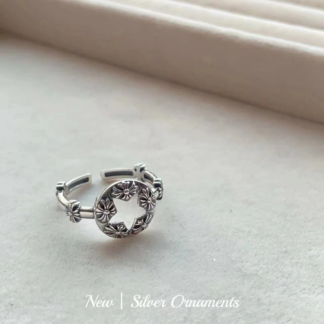 925银戒指 克罗镂空浮雕十字戒指 H5310 复古时尚轻奢简约