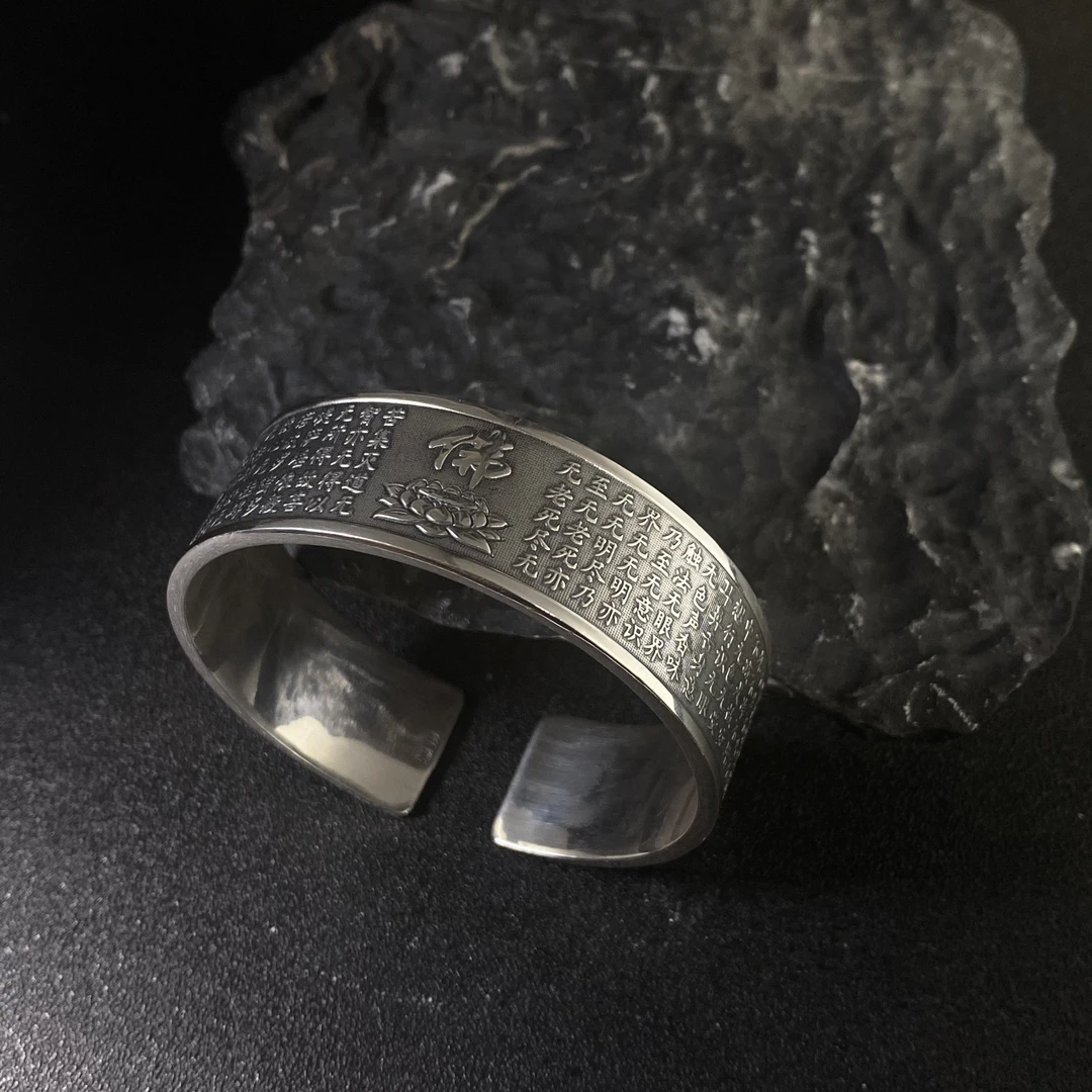 足银手镯 宽版莲花佛浮雕心经手镯 C105366 女士时尚气质